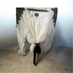 Romantic black and white blouse, white with black lace trim, NWT